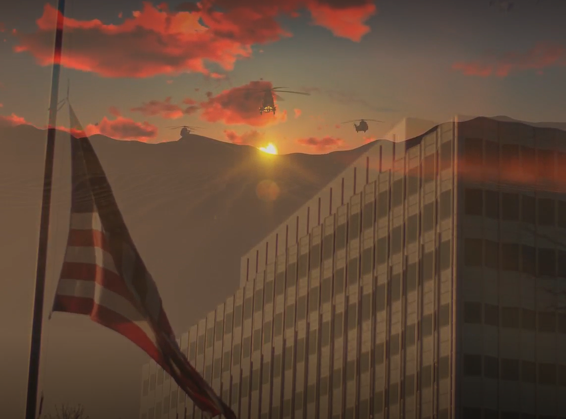 American flag overlayed the 3M Global Headquarters at sunset. 