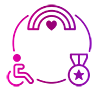 Circle with a rainbow and heart on the top, military medal on bottom right, and person icon in a wheelchair.