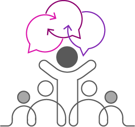 Person icon with three colored thought bubbles and four people icons below.